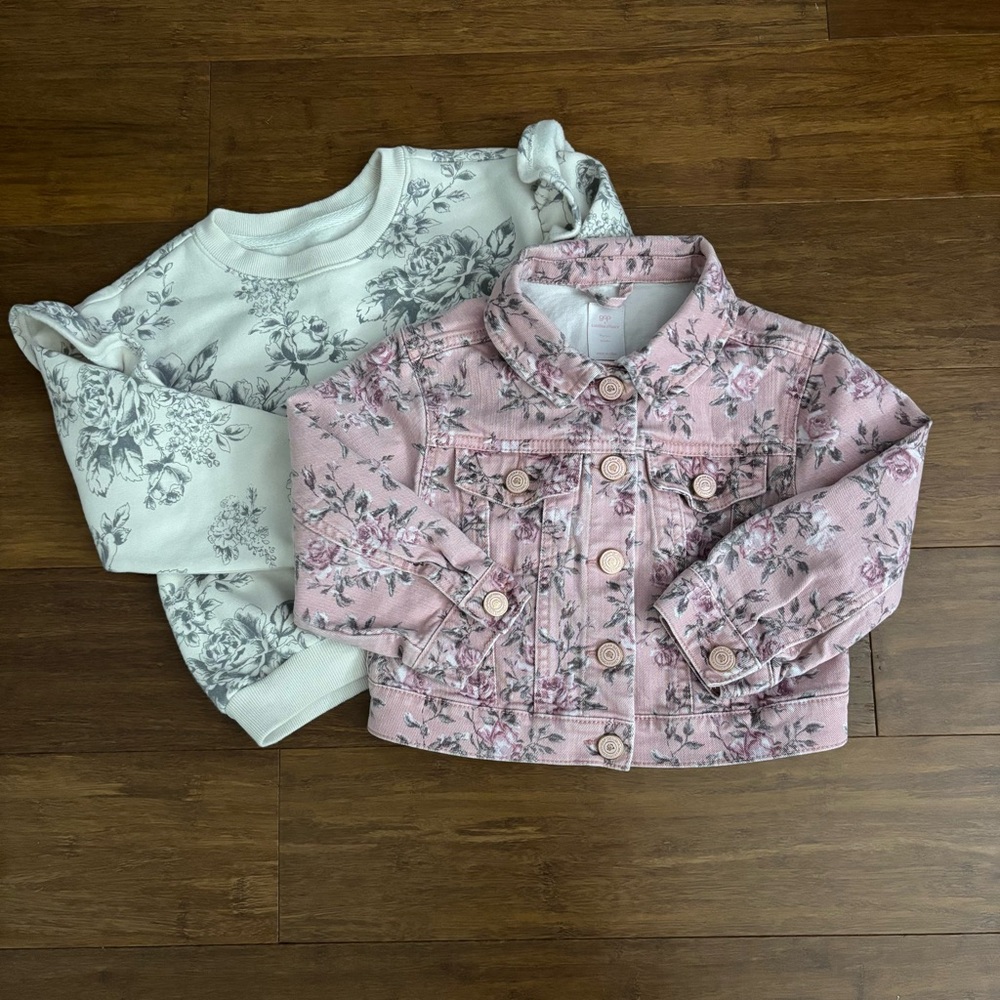 Gap x LoveShackFancy Floral Denim Jacket & Sweatshirt Bundle 4T